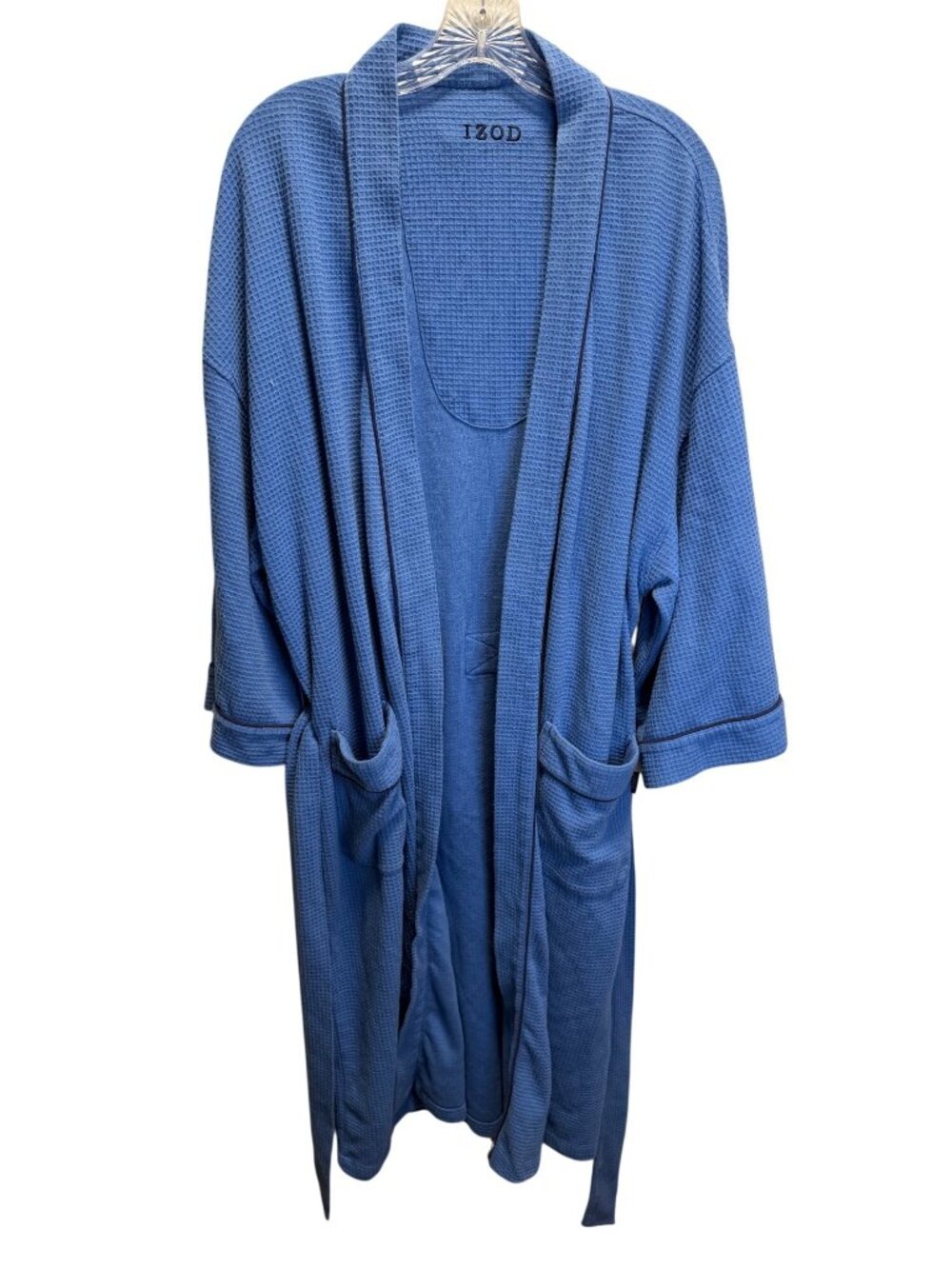 Izod Blue Waffle Knit Cotton Robe With Belted Waist & Pockets - Mens
